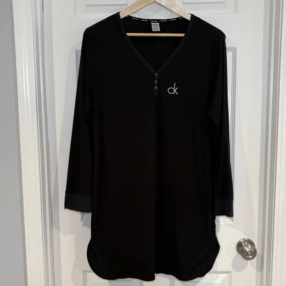 Calvin Klein Black Long Sleeve Ribbed CK Logo Sleep Shirt Nightgown Women Sz XL - Picture 1 of 8